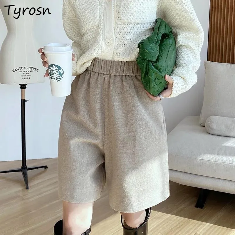 

Woolen Shorts Women Solid Loose Elastic Waist Wide Leg Empire Autumn Winter All-match Chic Simple Streetwear Female Popular Ins