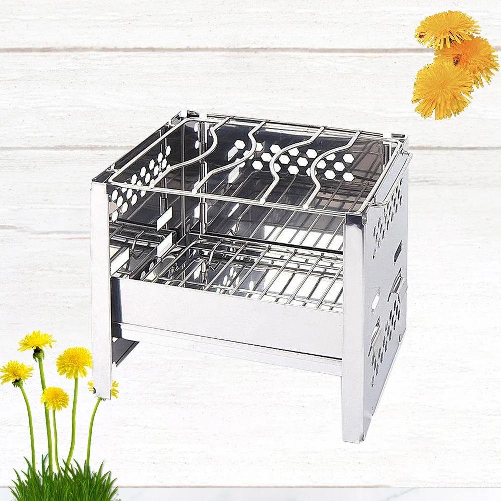 

Folding Grill Stainless Steel BBQ Square Stove Mini Collapsible Outdoor Camping Cookware Silver Portable Wood Burning