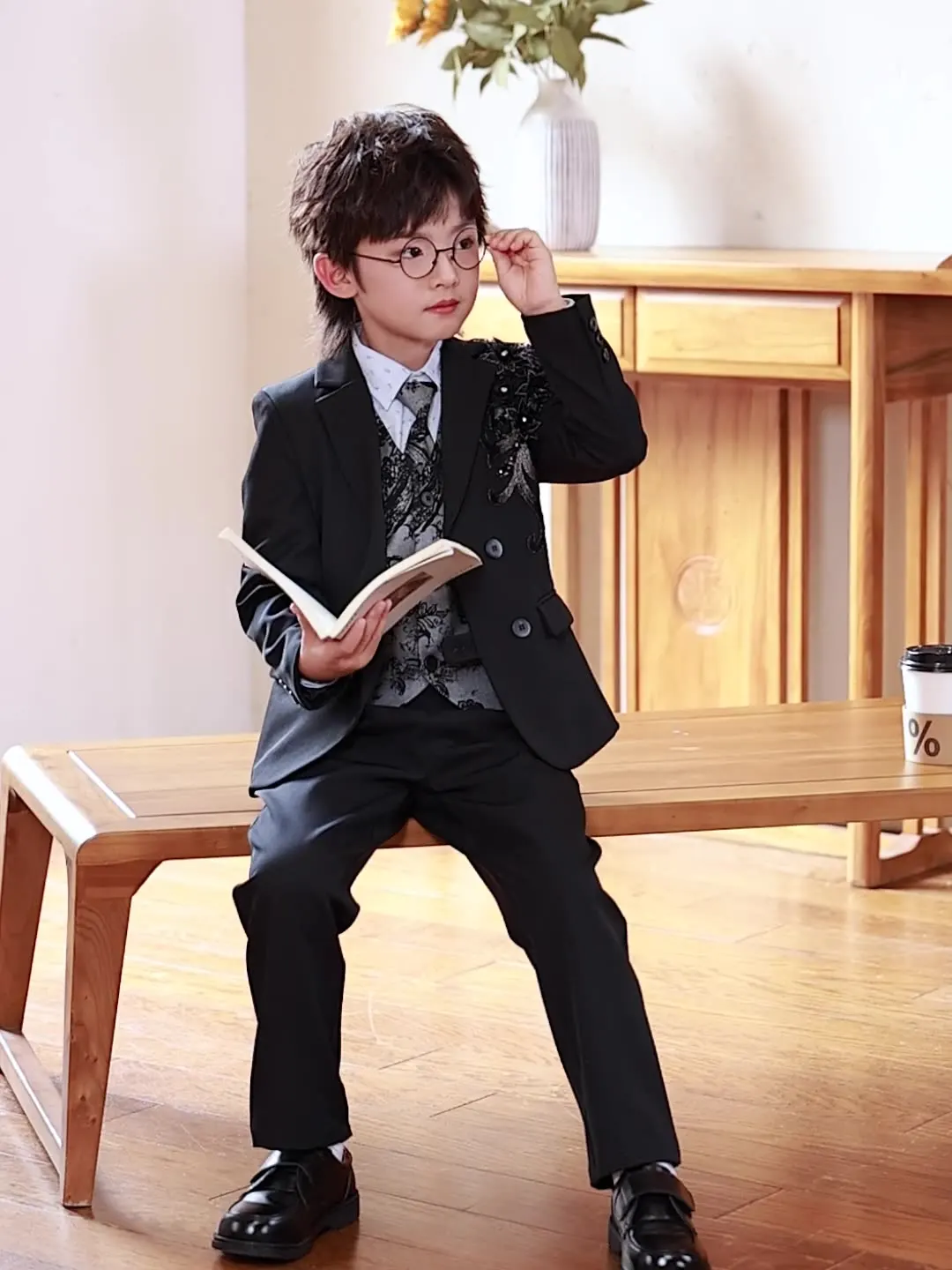 Kids Chinese Blazer Jacket Waistcoat Pants Clothes Sets Boys Formal Dress Suits Children Toddler Party Butterfly Leisure Suit