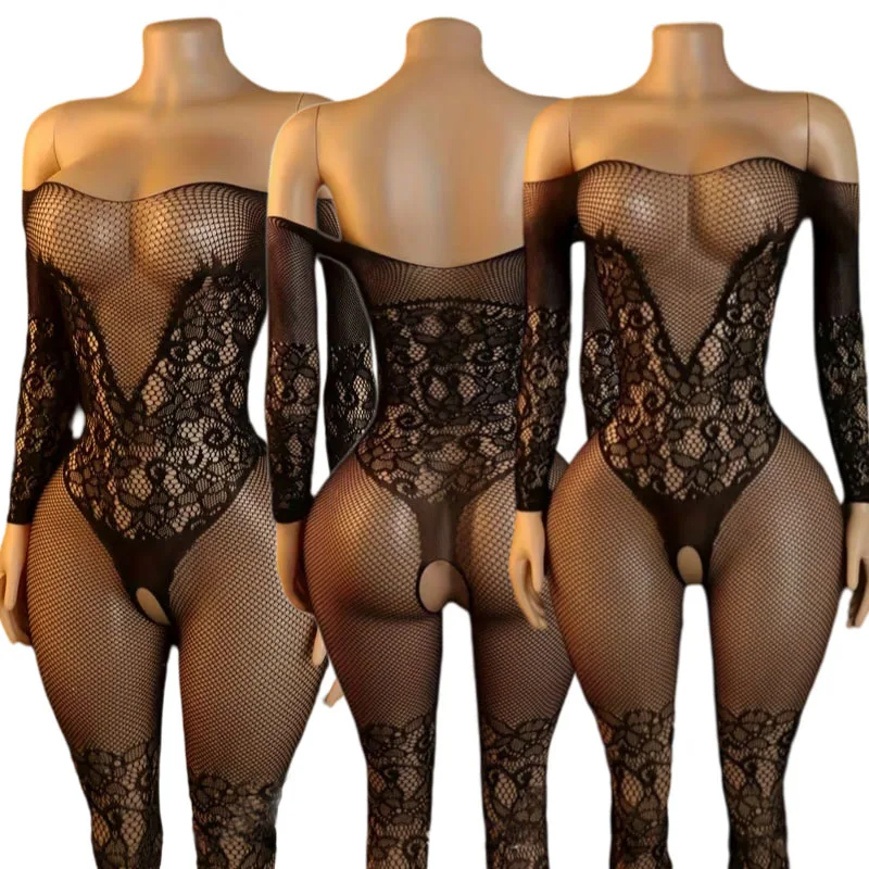 Sexy Crotchless Lingerie Women Mesh Pajama Sets Transparent Full Sleeve Halter Neck Sleepwear Plus Size Nightgown Hollow Pajamas