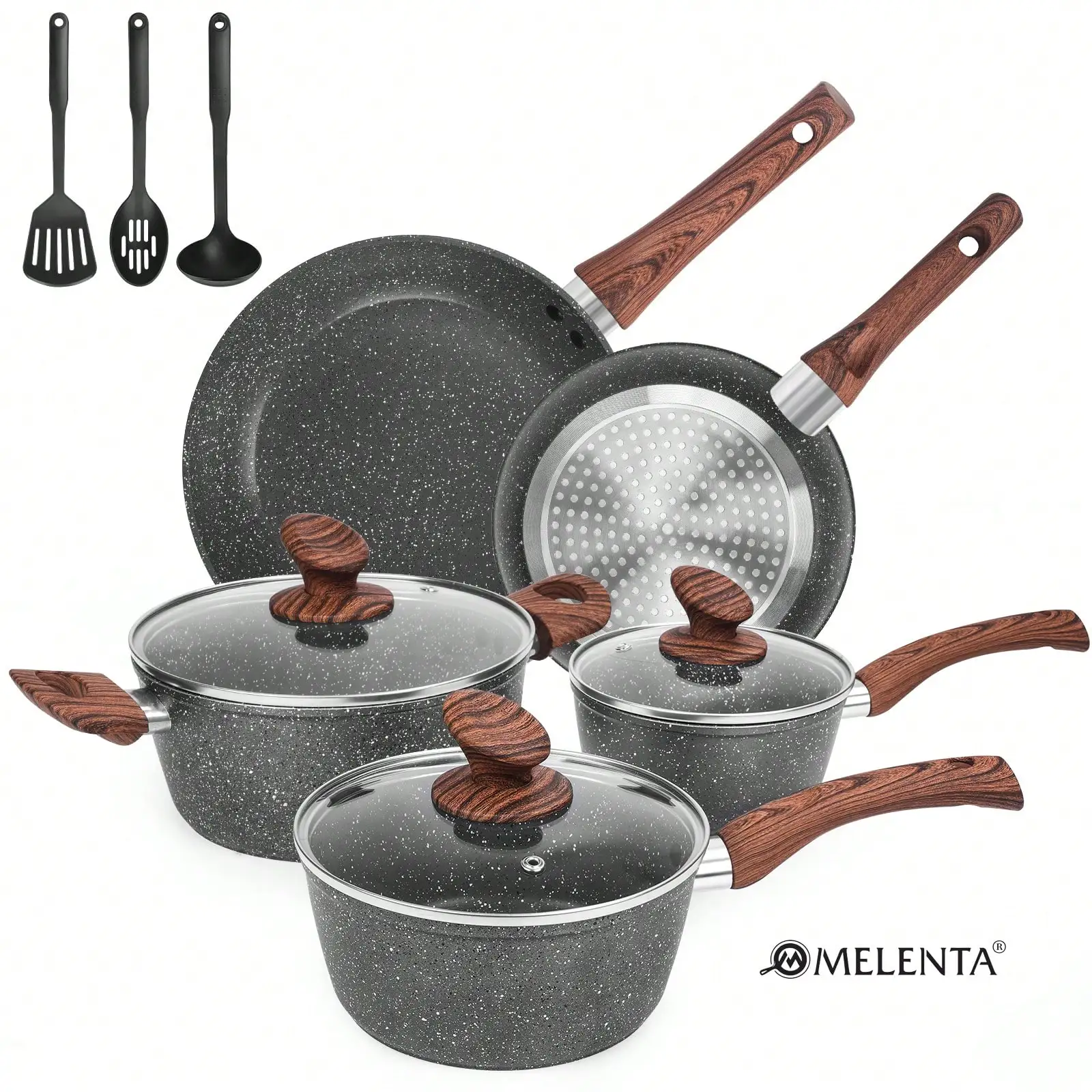 M MELENTA Granite Pots And Pans Set Ultra Nonstick, 11 Piece Die-Cast Cookware Sets With Frying Pan, Sauce Pan, Stockpot, Stay Cool Handle & Kitchen Utensils, Gas/Induction Compatible, Compact Size For 1-3 Persons Meal sh2404095984248918