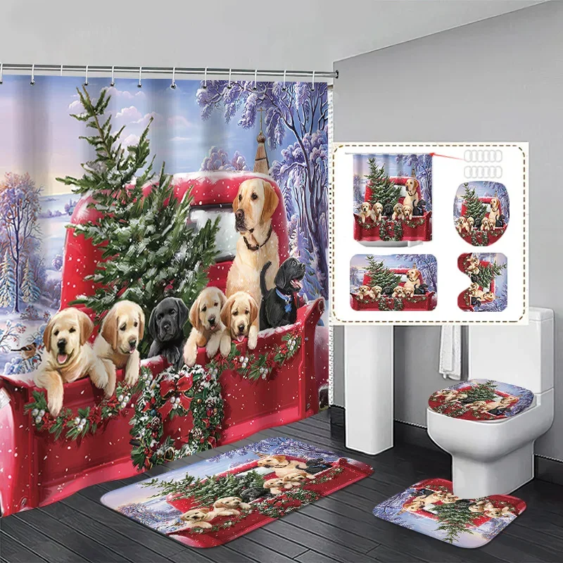 Merry Christmas Bathroom Shower Curtain Set with Matching Bath Mat and Toilet Seat Cover Holiday Xmas Decor