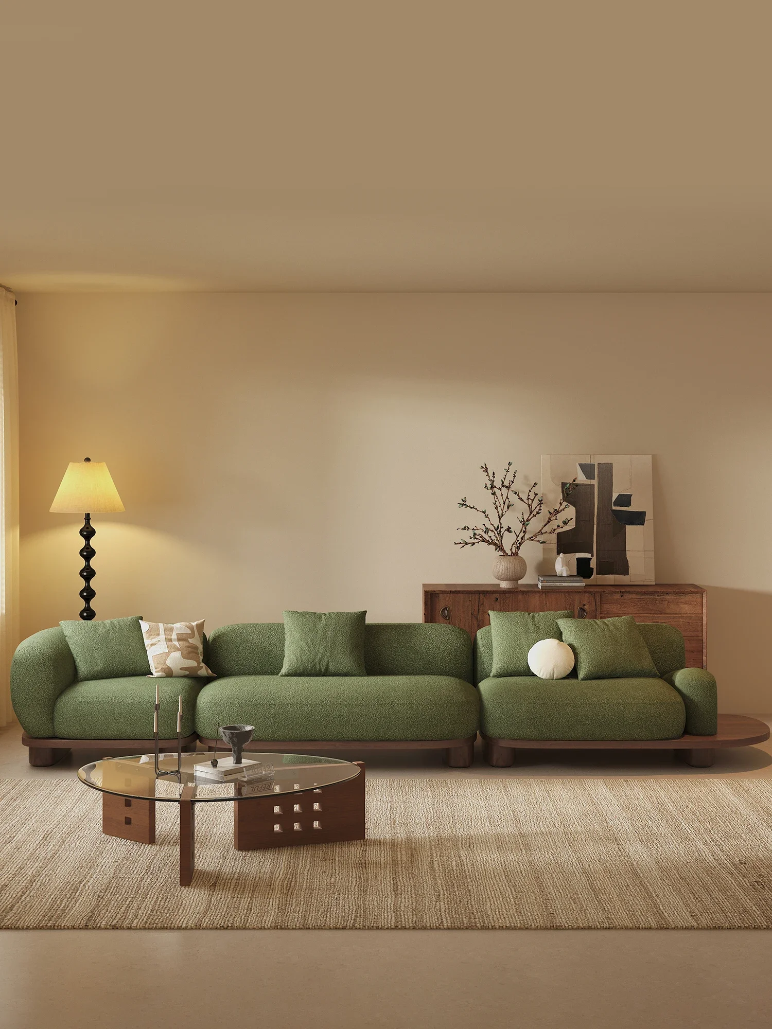 Sage Green Curved Sectional Sofa Boucle Upholstered Chunky Armrest Wood Platform Wabi Sabi For Living Room Home