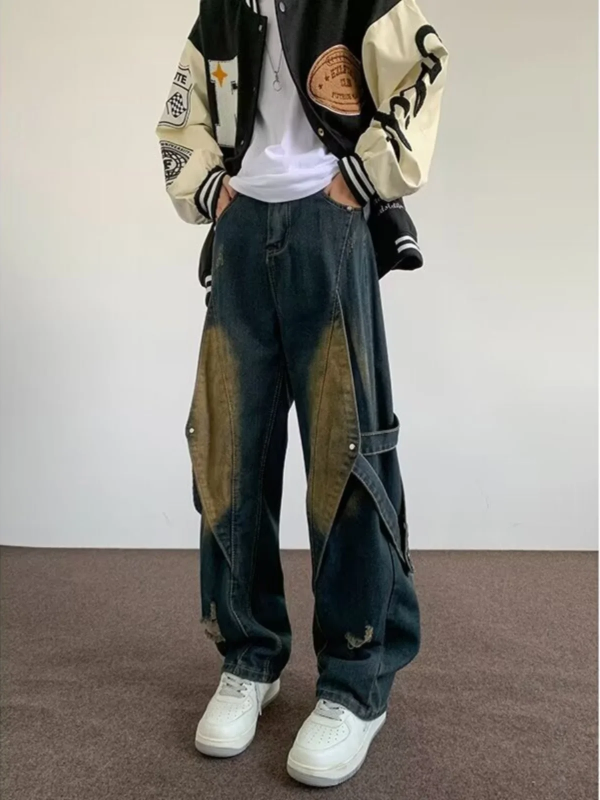 

American High Street Deconstructed Patchwork Workwear Jeans Men's Spring Autumn Wide Leg Pants Trendy Hip Hop Style