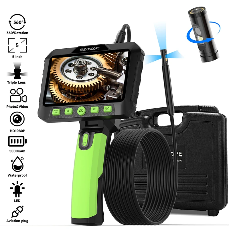 360° Auto Rotate Endoscope 5'' Screen 9.5MM HD1080P Dual Triple Lens Waterproof Car Inspection Borescope Camera with Tool Case