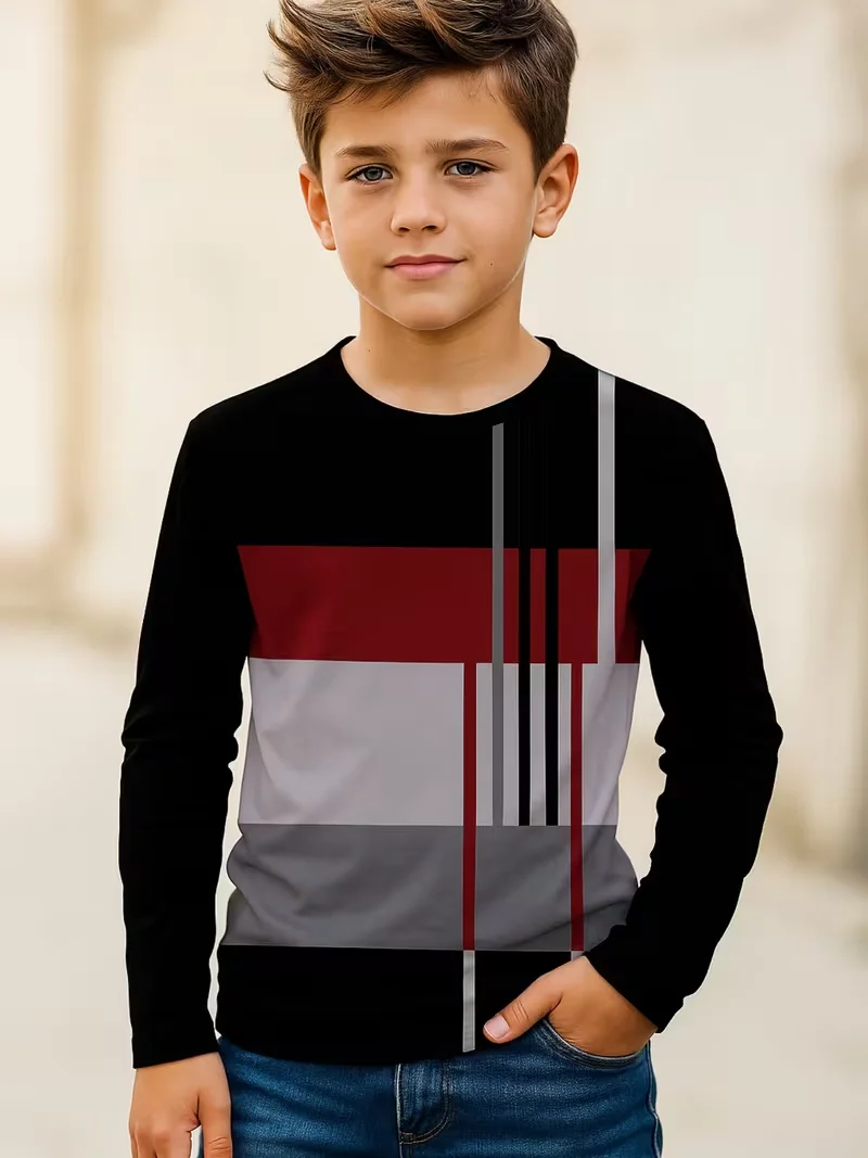 kids t‑shirt,crew neck long sleeve tee,color block striped design,small horse emblem print,green beige casualtopforboysdailywear