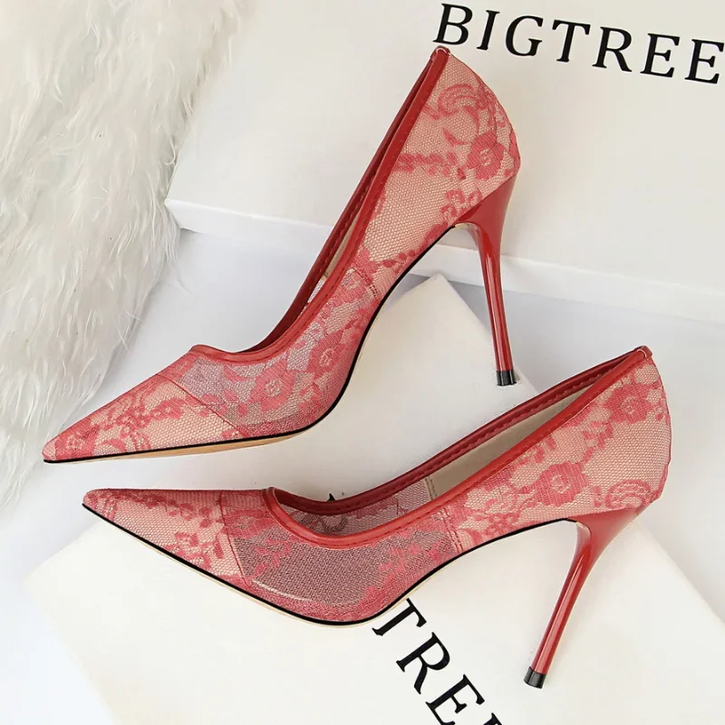 Women Fashion Sexy Pumps High Heels Shoes Female Sexy Wedding Shoes Ladies Stiletto Women New Pointed Toe Mesh Hollow Lace Heels