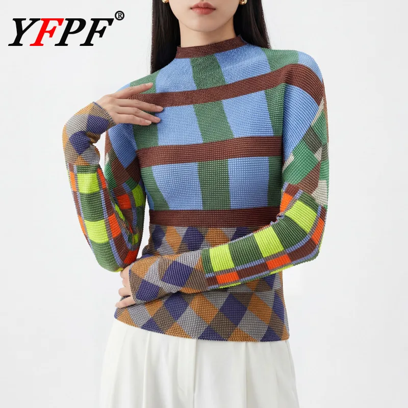 

YFPF модные женские топы в полоску с принтом контрастного цвета Miyake плиссированная тонкая блузка с длинными рукавами повседневная 2026, весенняя новая одежда