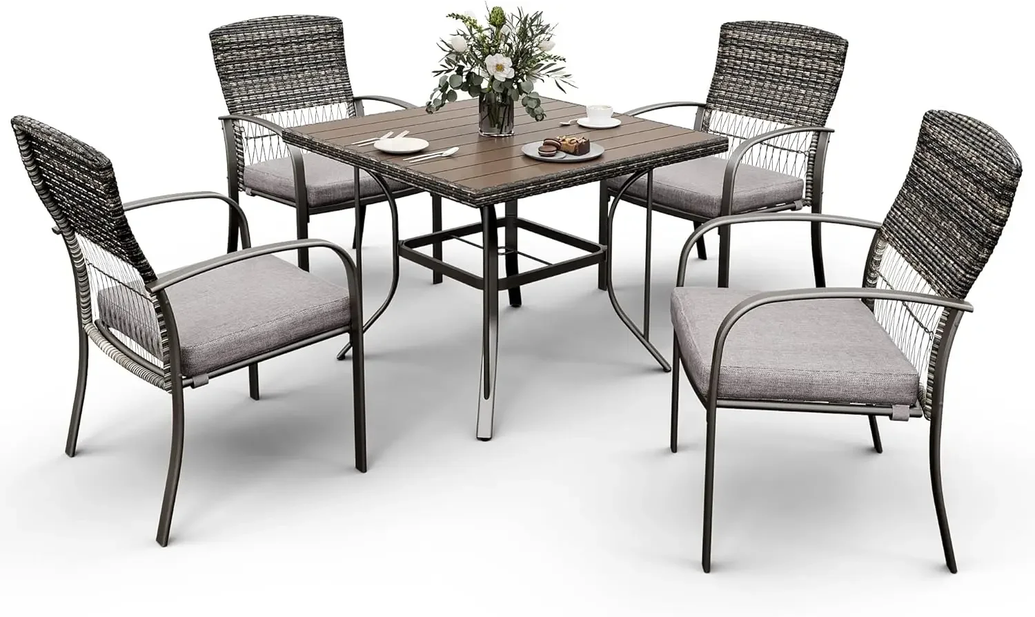 Conjunto de mesa e cadeiras para pátio, mesa e cadeiras externas de vime para todos os climas com almofadas removíveis à prova d'água