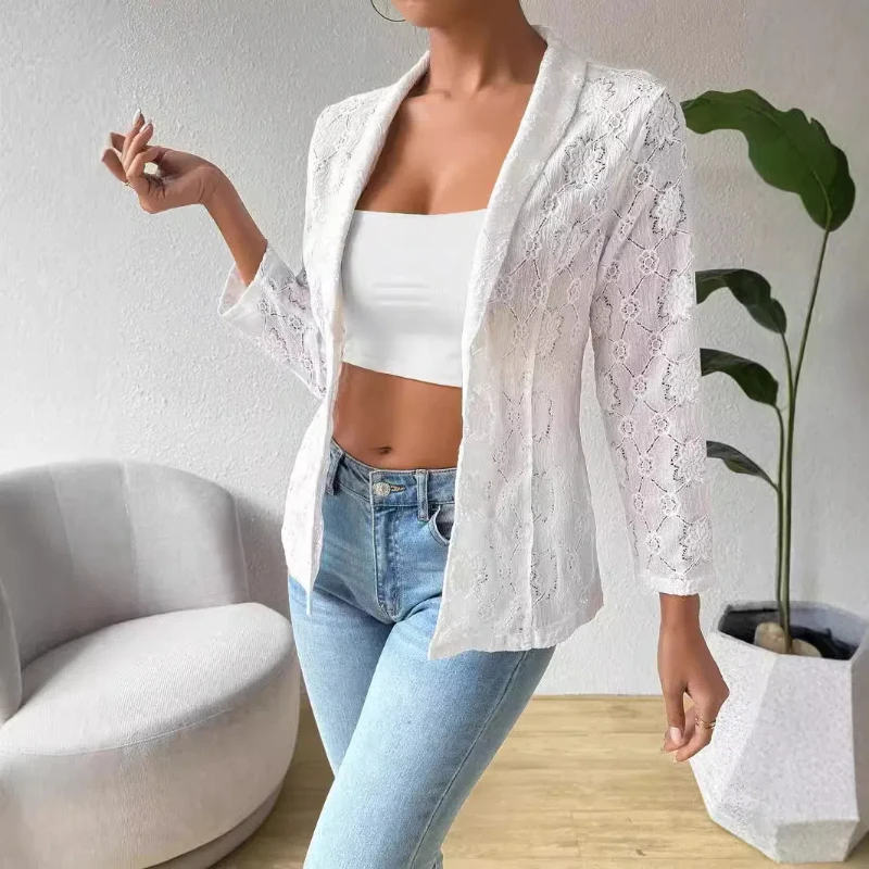 Women's New Fashion Elegant Splicing Solid Color Lace Hollow Out 9 Split Sleeve Lapel Minimalist Office Lady Casual Blazers