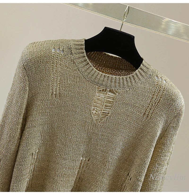 Old Ripped Round Neck Long-sleeved Knitted Sweater 2024 Autumn Womans Short Solid Color Fringed Sweater Pull