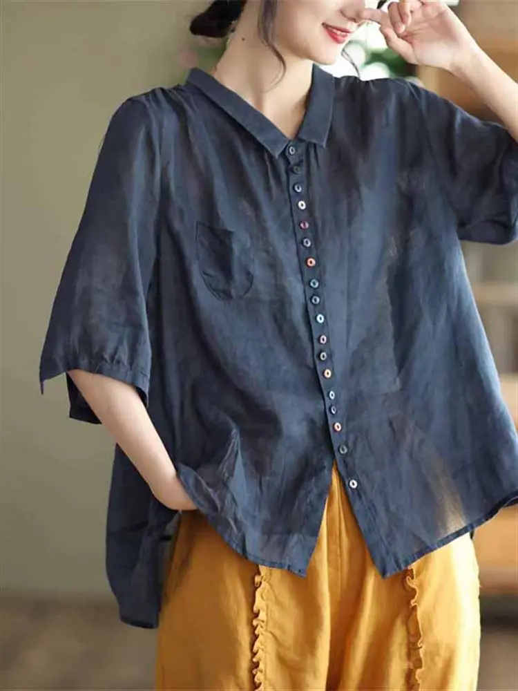 Camicetta in lino di cotone blu con bottoni vintage ort Sve irt da donna di marca originale