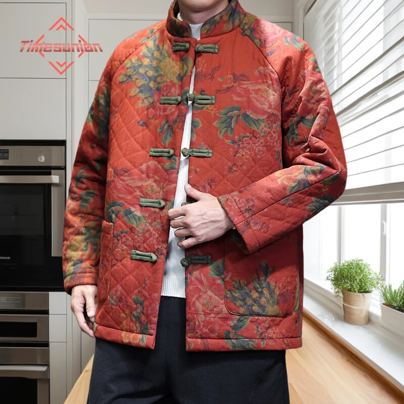 جواكت شتوية للرجل ريترو التقليدية طباعة زهرة تانغ دعوى سترة الرجال الكونغ فو تاي تشي معطف سترات غير رسمية الرجال الملابس #1