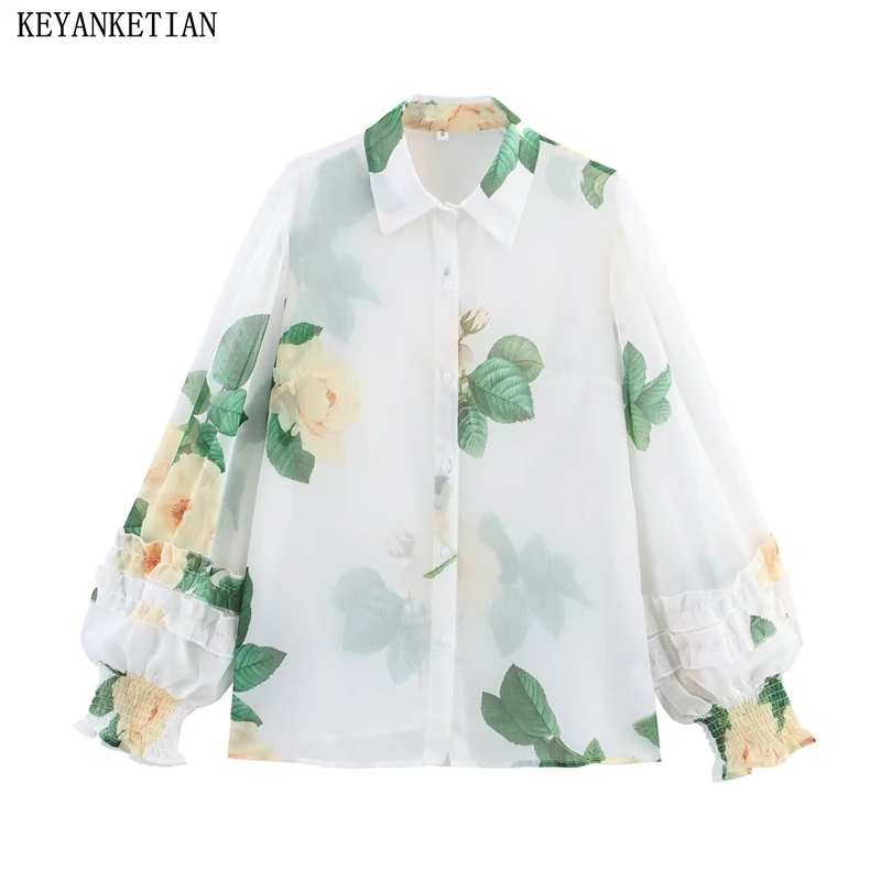 

KEYANKETIAN Summer New Women's Transparent Print Shirt Pastoral style Tiered Agaric Lantern Sleeve Single Breasted Blouses Top