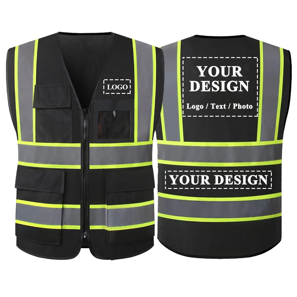 Hi Vis Workwear Black Mesh Vest Working Clothes Custom Company Logo Text Construction Worker Uniforms