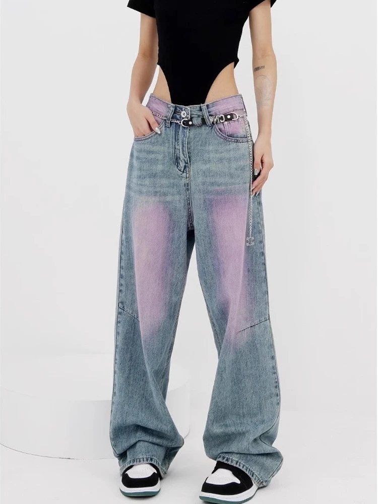 SHENGPALAE Contrast Colors Denim Pants Female Vintage Streetwear High Waist Fashion Women Trousers 2024 Autumn New Tide 5C1710