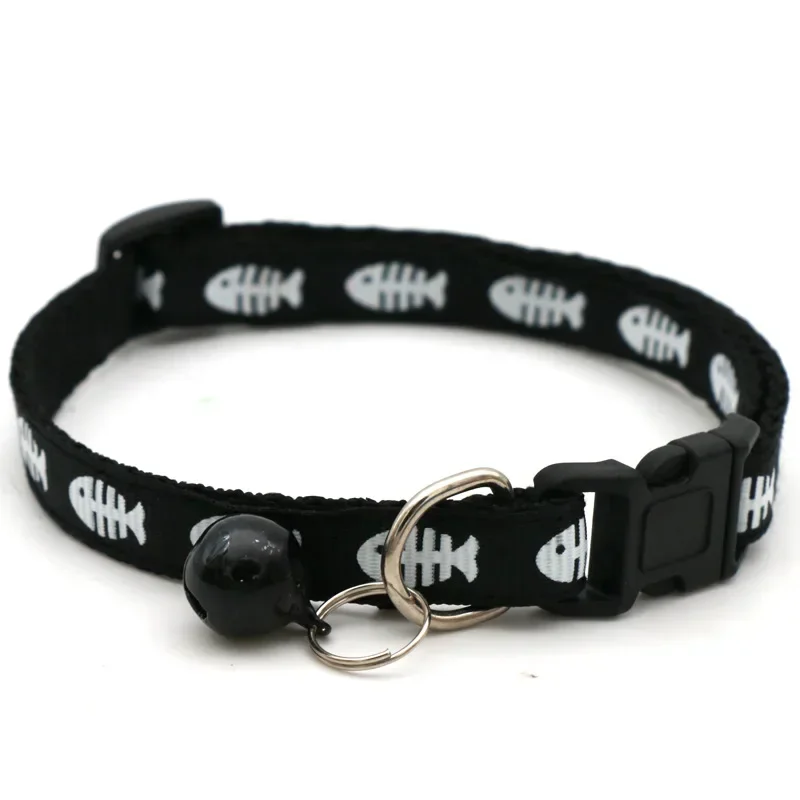 Leisure Adjustable Cartoon Pet Fish Bone Collar Cat Dog Sticker Printed Collar with Bell Pet Neck Decoration Accessories