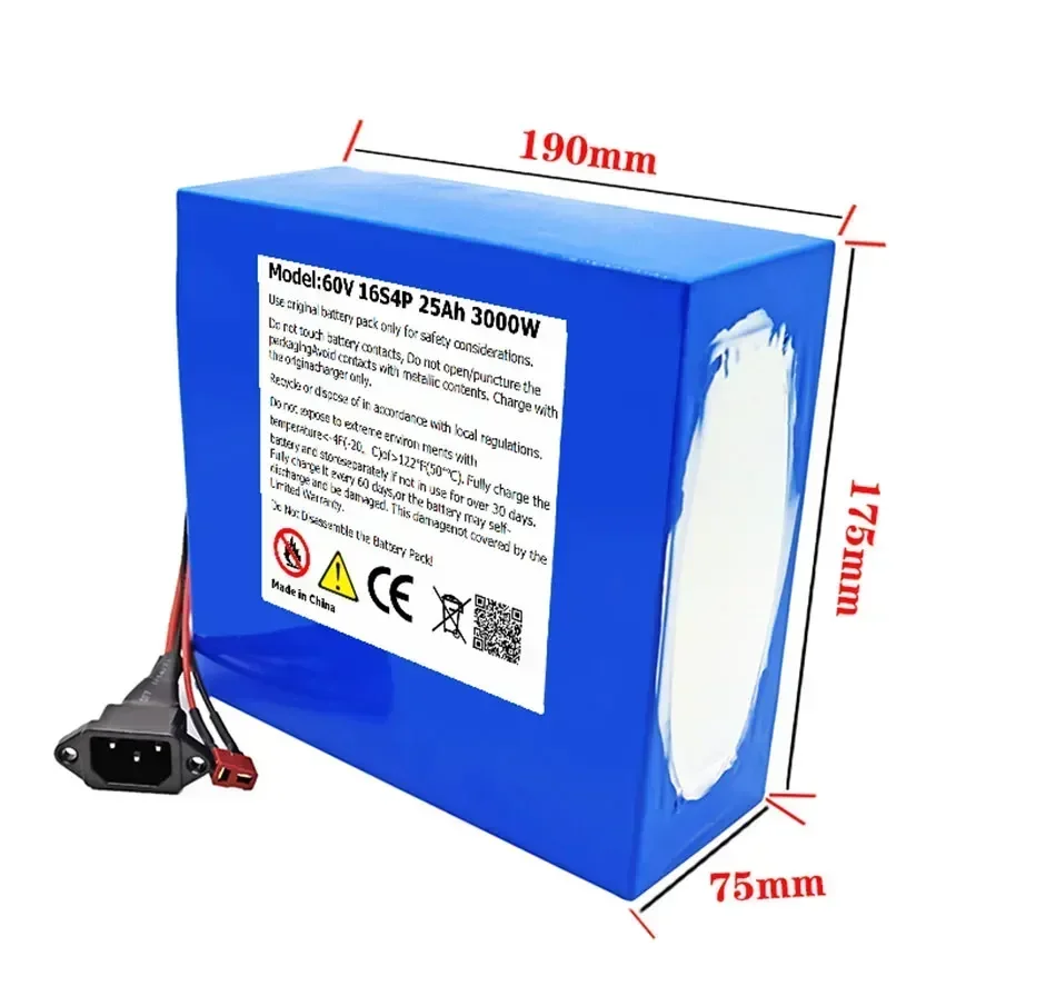 New 60V 25Ah 18650 battery 67.2V 16S4P 3000W rechargeable battery with same port BMS+charger, high quality, high battery life.