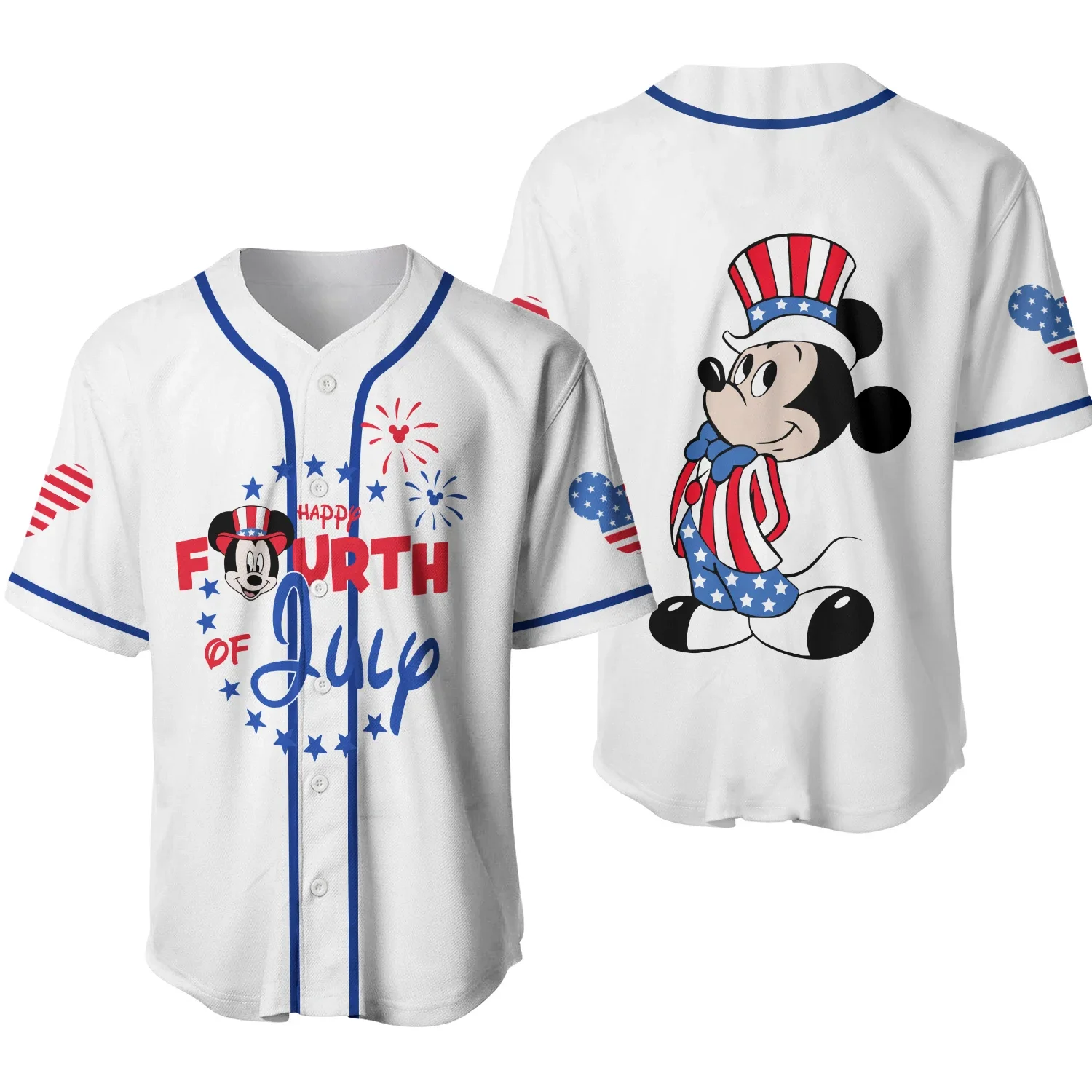 Disney Baseball Jersey Mickey  Minnie  July 4th Happy White Blue Disney Men's and Women's Baseball Jersey