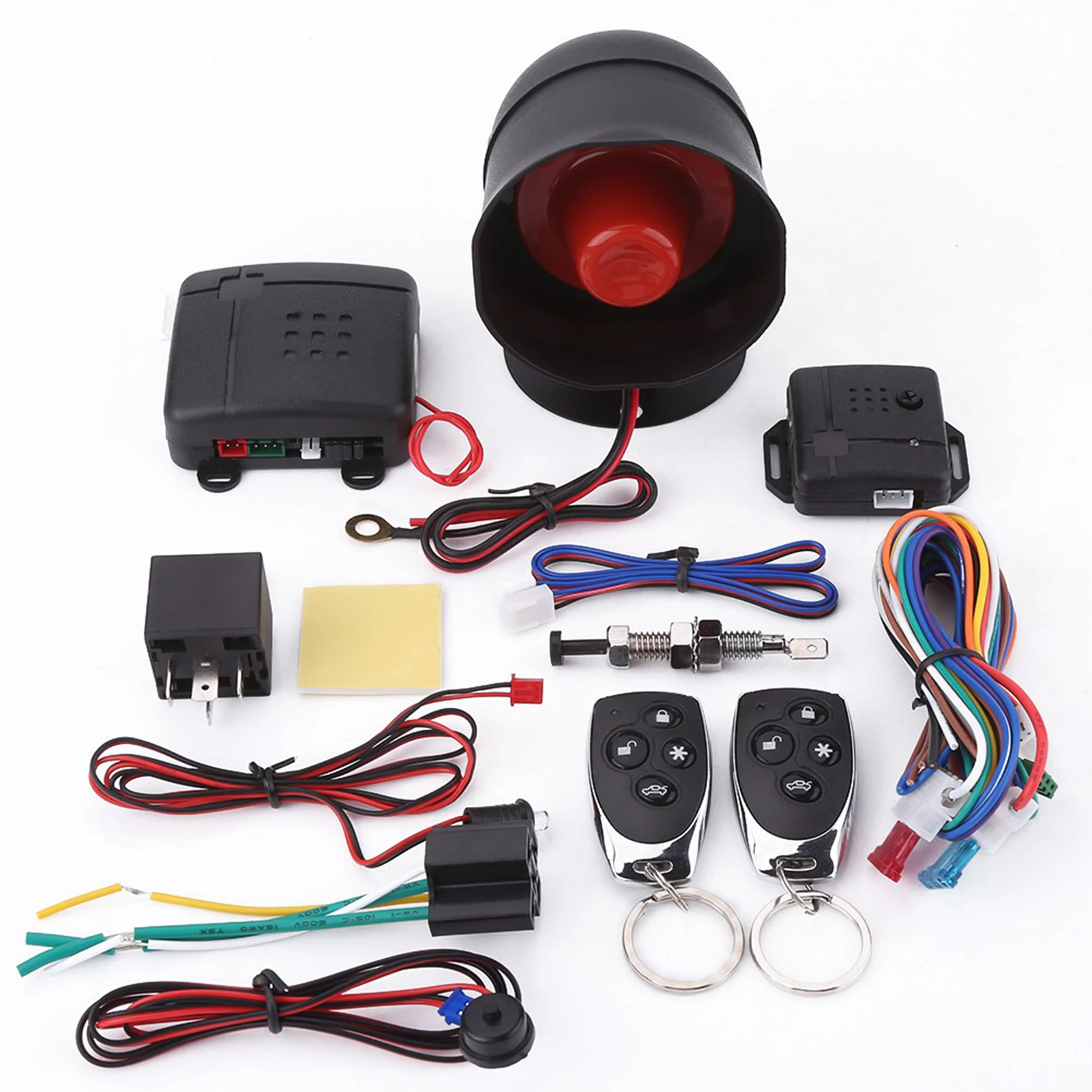 

Universal Car Vehicle Security System Burglar Alarm Protection Anti-theft System 2 Remote with Siren Wiring Harness Programmable