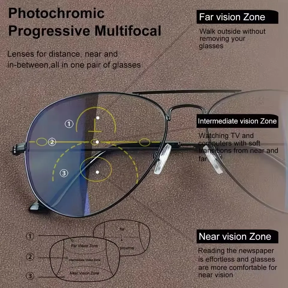 Casual Style Photochromic Multifocal Reading Glasses For Men , Metal Plated Frame, Strength Anti Blue Light Lenses Glasses