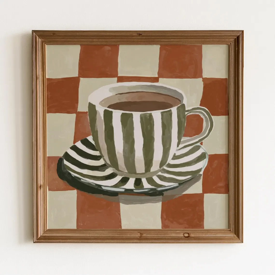 Gestreifte Kaffeetassen-Wandkunst |   Vintage Kaffee-Gemälde Druck |   Gebrannte Orange & Salbeigrüne Kunst |   Retro-Küchendekoration |   Küchenwand