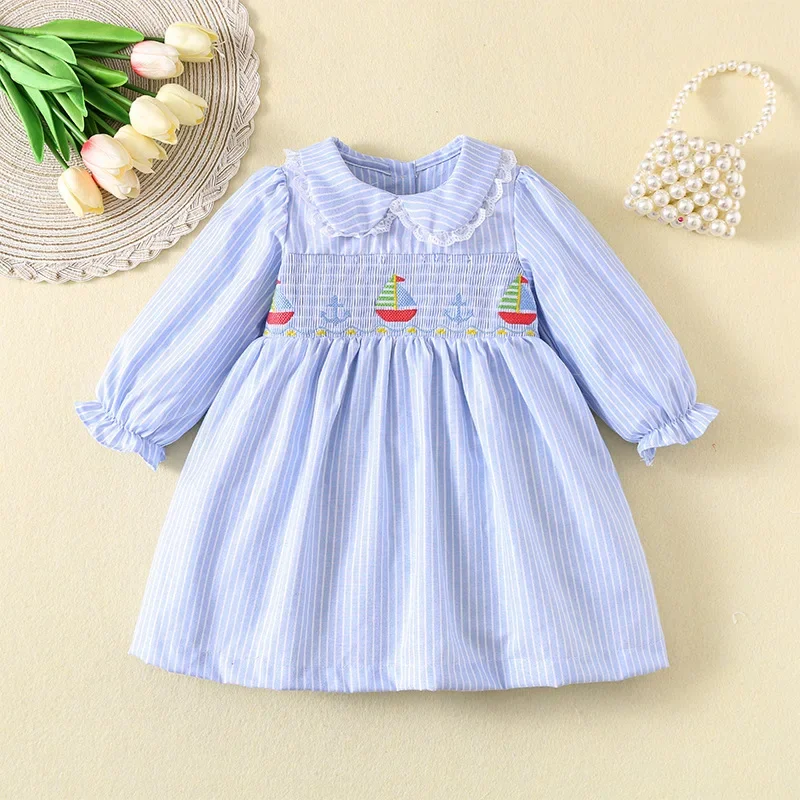 Fall Girls Gathering Dress Blue Stripe Princess Cute Boat Embroidery Long Sleeve Ruffle Hem Toddler Kids Formal Party Clothes