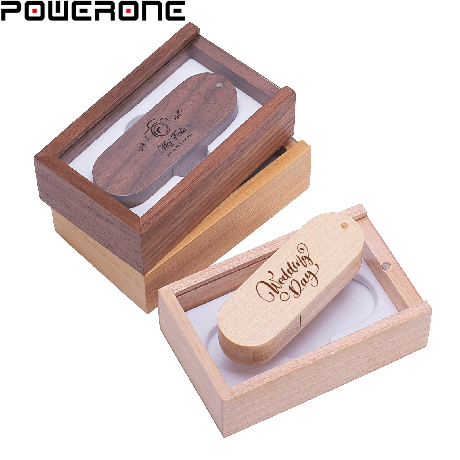 POWERONE Transparent Cover Wooden Push-pull Box USB 2.0 Flash Drive 128GB Free Custom Logo Pen Drive 64GB USB Stick Wedding Gift