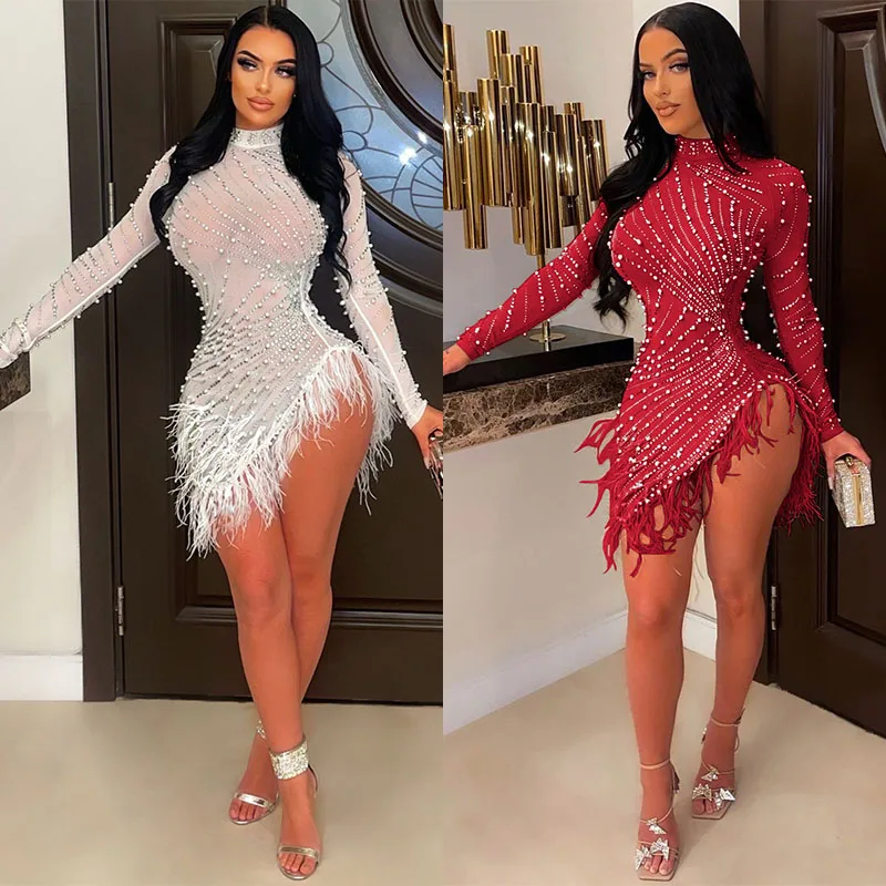 Luxury Evening Celebrity Feathers Sheer Mesh Short Dresses for Women Sexy Pearls Rhinestones Party Birthday Vestidos