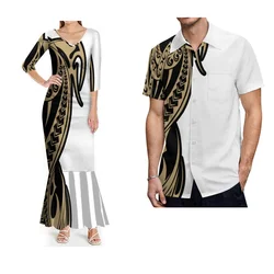 Fiji Island Style Couple Set Summer Flower Print Fishtail Skirt Polynesian Tribal Ethnic Pattern Women Slim Dress Men'S Shirt