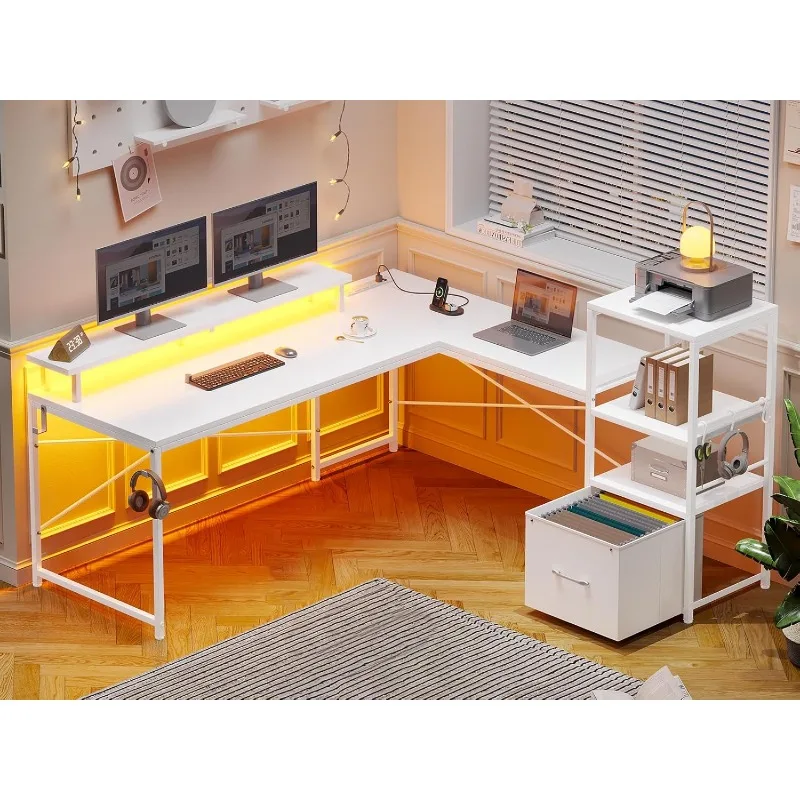 

White L Shaped Desk with Fabric Drawer, Reversible 51” Corner Desk with Storage Shelves, L Shaped Gaming Desk with LED Strip