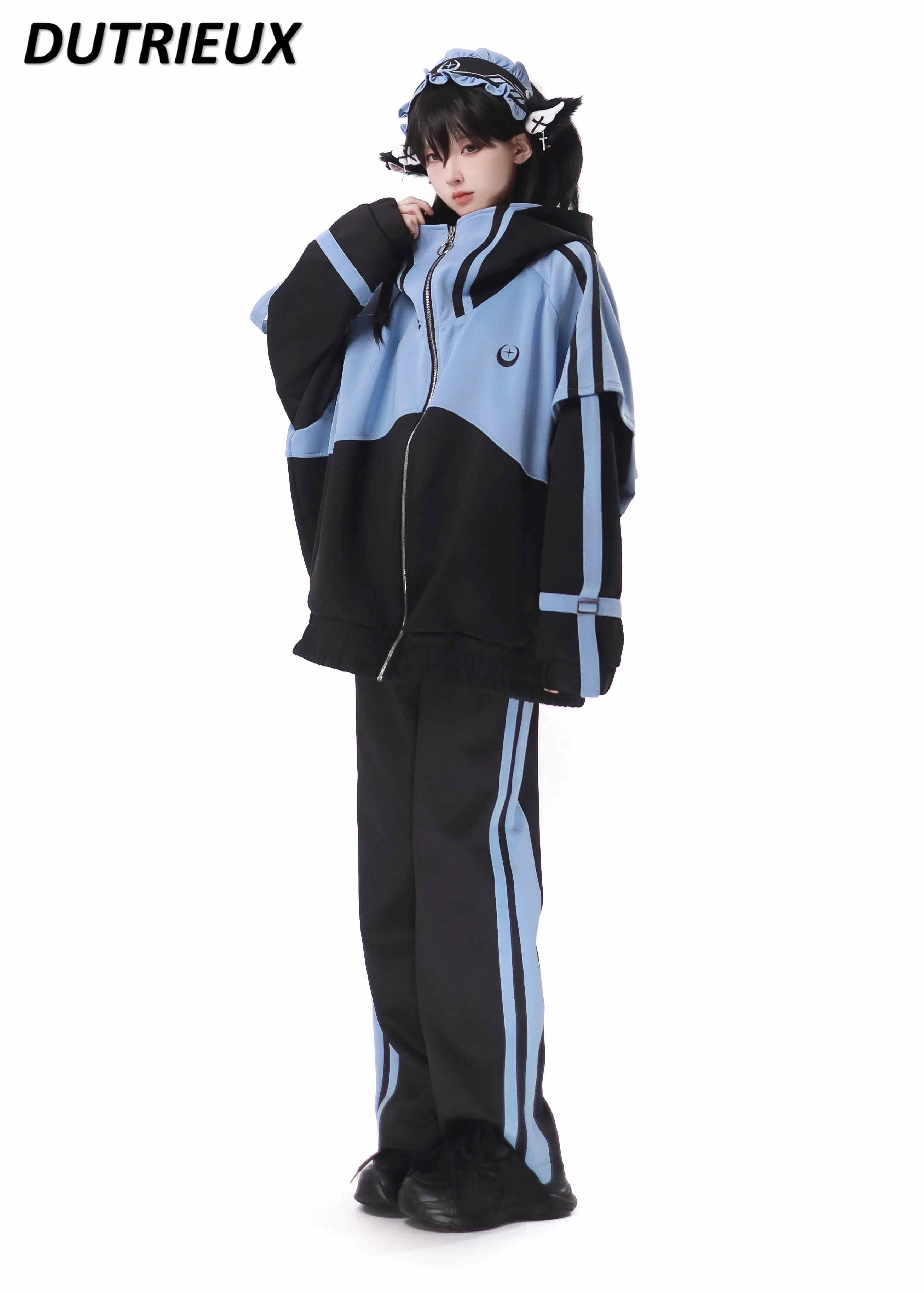 Japanese Blue Black Model Mine Mass-Produced Sports Jacket Long-Sleeved Loose Hooded Color Matching Sweatshirt and Pants