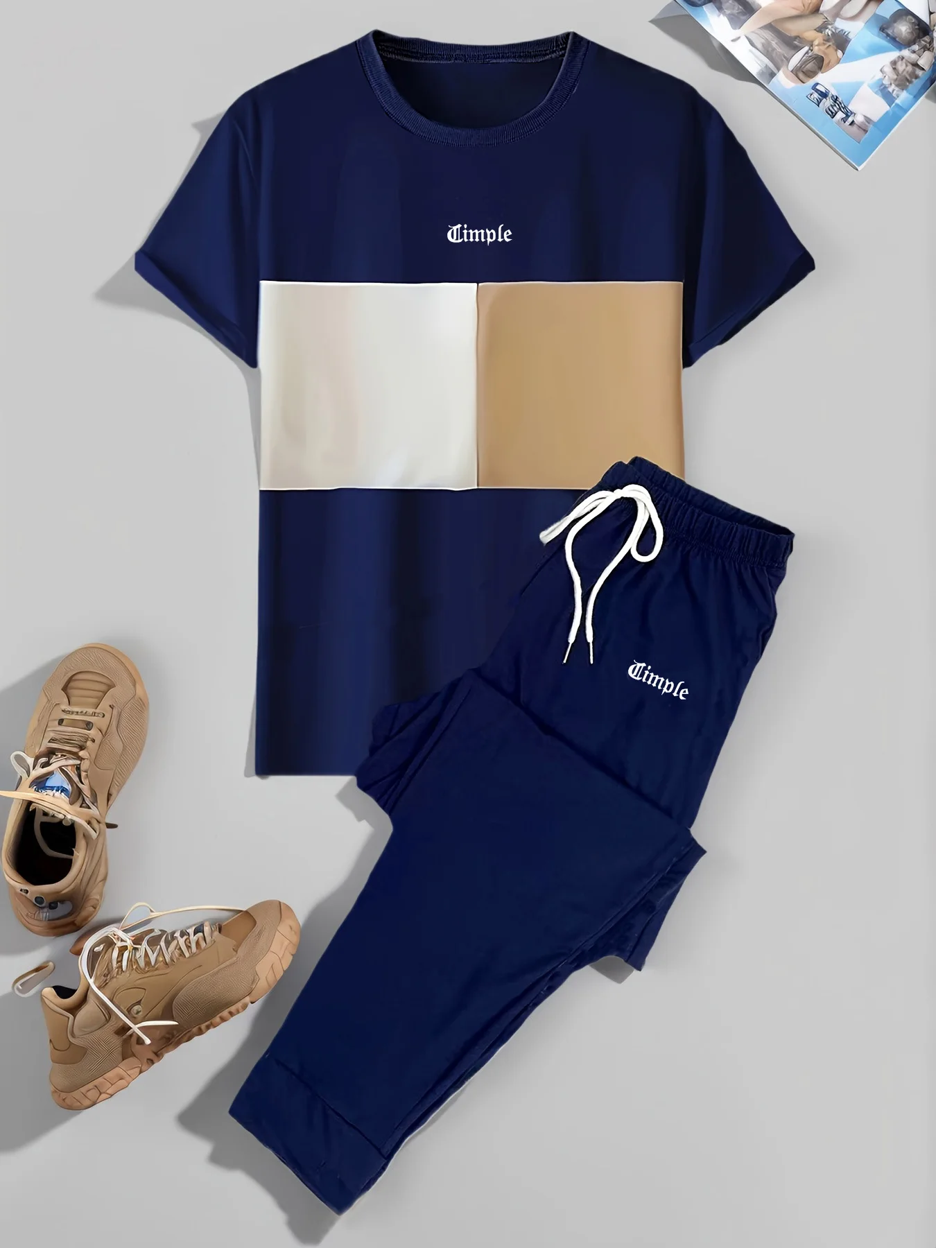 

Men's 2 Piece Color Block Tracksuit, Navy Contrast Short Sleeve T-Shirt & Jogger Pants Casual Outfit