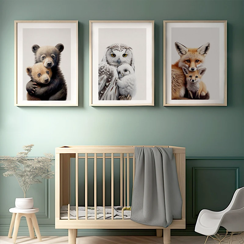 Cute Animal And Their Baby Poster Lion Elephant Koala Bear Owl Fox Canvas Painting Wall Art Pictures For Nursery Baby Room Decor