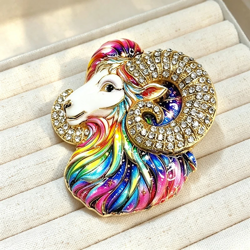 Colorful Enamel Ram Head Brooch Crystal Rhinestone Alloy Sheep Lapel Pin Vintage Animal Badge Jewelry Gift