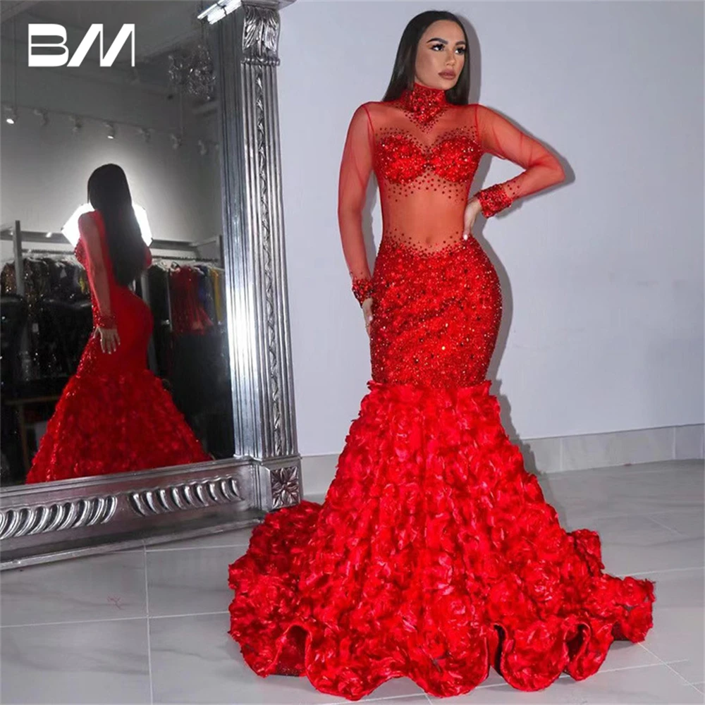 

Red Rose Mermaid Prom Dress For Women Illusion Long Sleeves Maxi Women's Evening Dresses Sexy Formal Dress Party Cocktail Gown