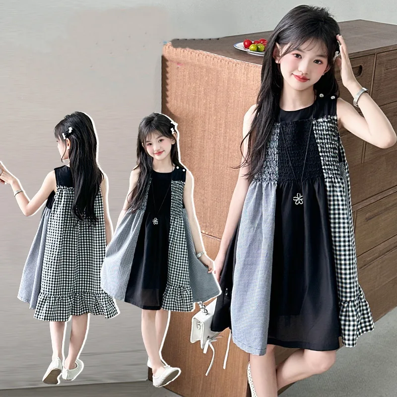 Girls Trendy Checkered Patchwork Vest Dress Summer Children's Clothing Elastic Waist Vintage Style Sleeveless Dresses Kids Skirt