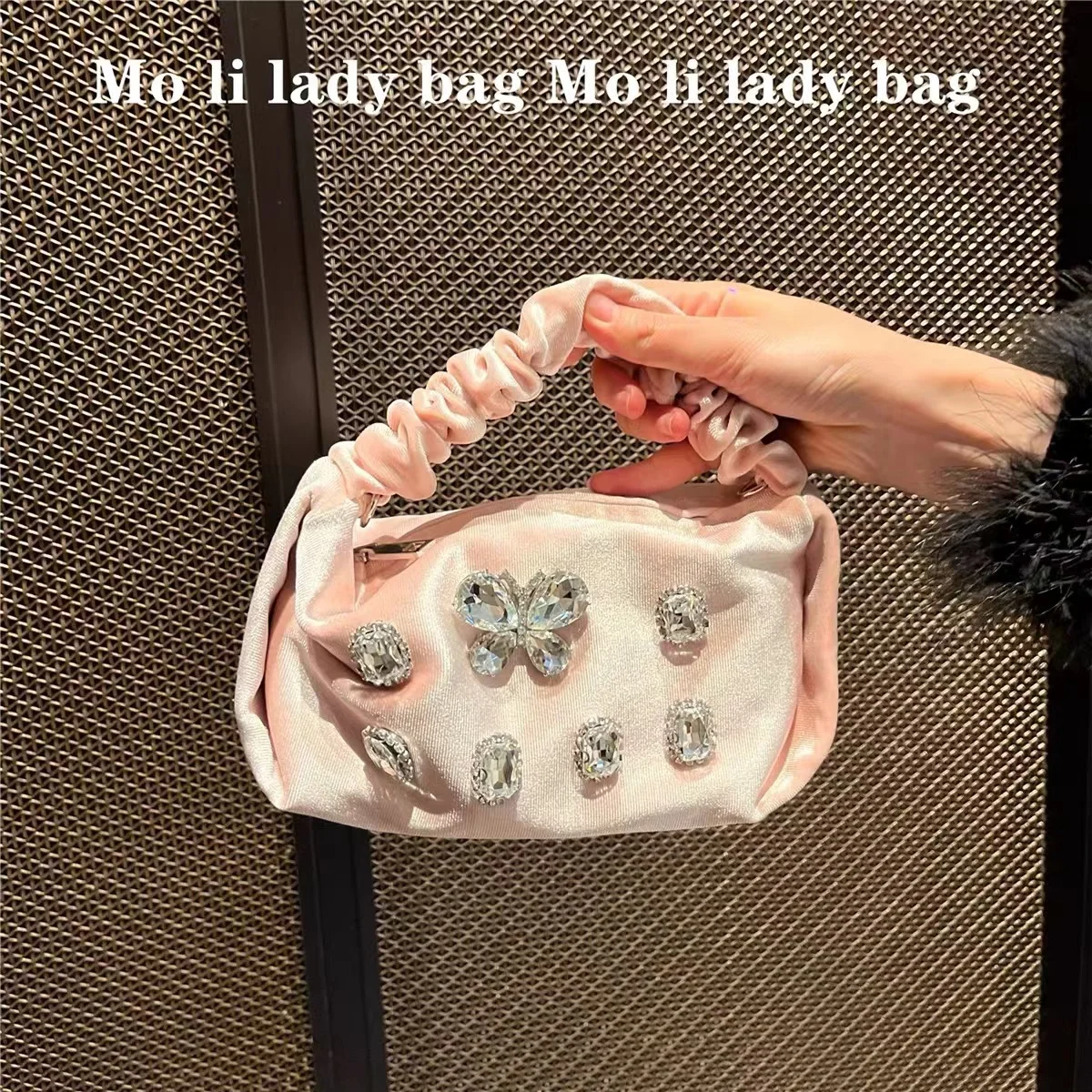 Luxury Velvet Pleated Hobo Bag Women Elegant Handbag Crystal Shiny Diamonds Evening Bag Wedding Party Clutch Purse Crossbody Bag
