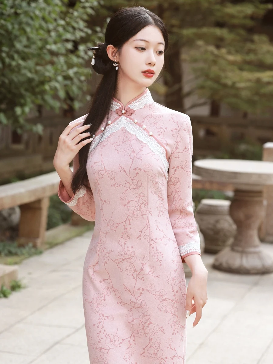 Young Elegant Lady Style Pink Long Sleeve Cheongsam Autumn New Improved Casual Clothes