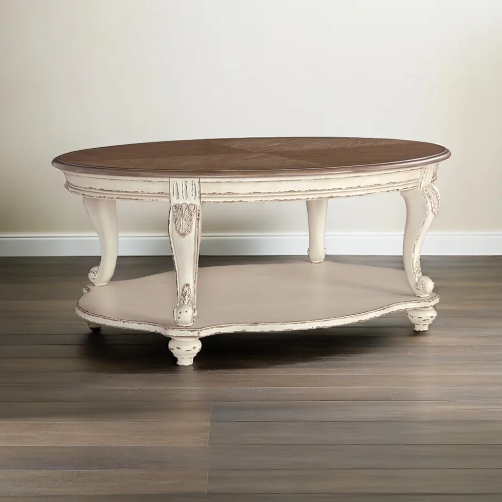 Table basse ovale HILL en blanc éclaté et marron