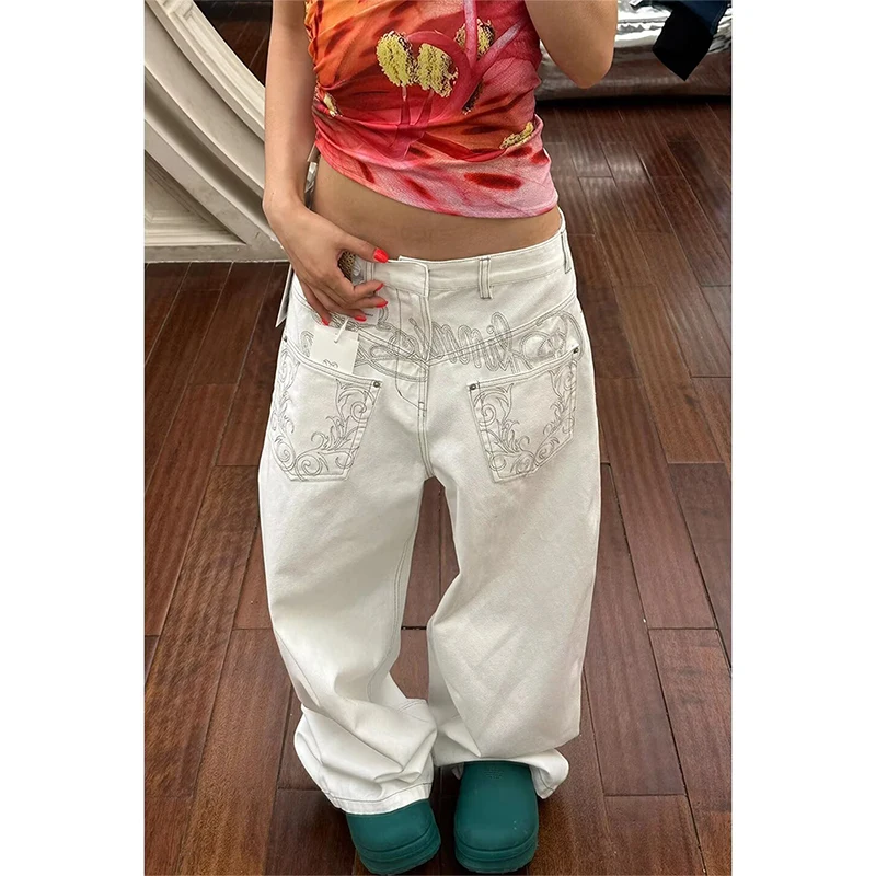 Vintage Borduren Vrouwen Witte Baggy Jeans 2025 Herfst Harajuku Y2k Wijde Pijpen Denim Broek Oversize Broek Jaren 2000 Kleding