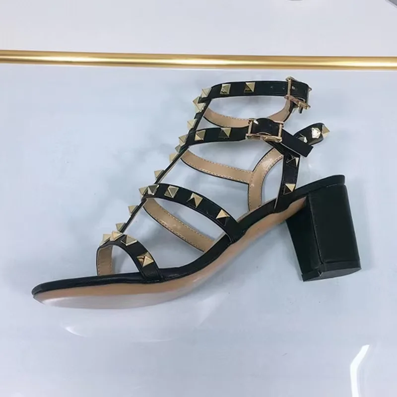 Women Famous Brand Sandals Anklep Wrap Buckle Strap Front Open Toe Null Shoes With Gold Studded Microfiber Leather 6cm Pumps 43