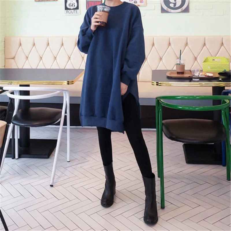 Johnature 2024 New Solid Color Women Sweatshirts Autumn Winter Long Slits Loose O-neck Pullover Female Hoodies