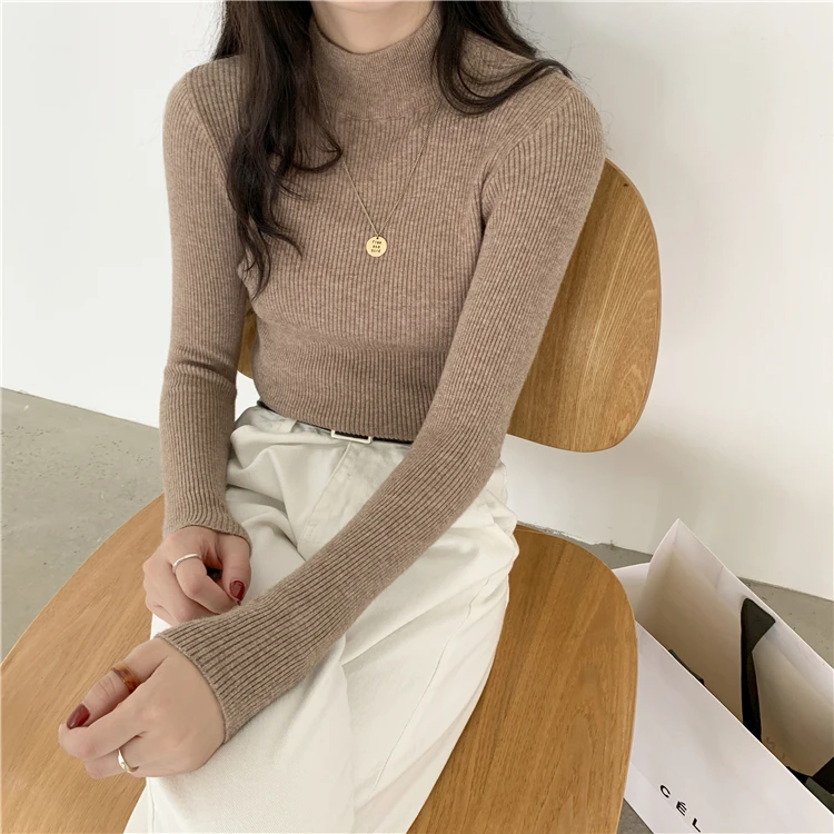 

Chic ort f High Ne Long Sve Women's Knitwear Base irt Trendy Core Spun Yarn Base irt Autumn Winter New Arrival