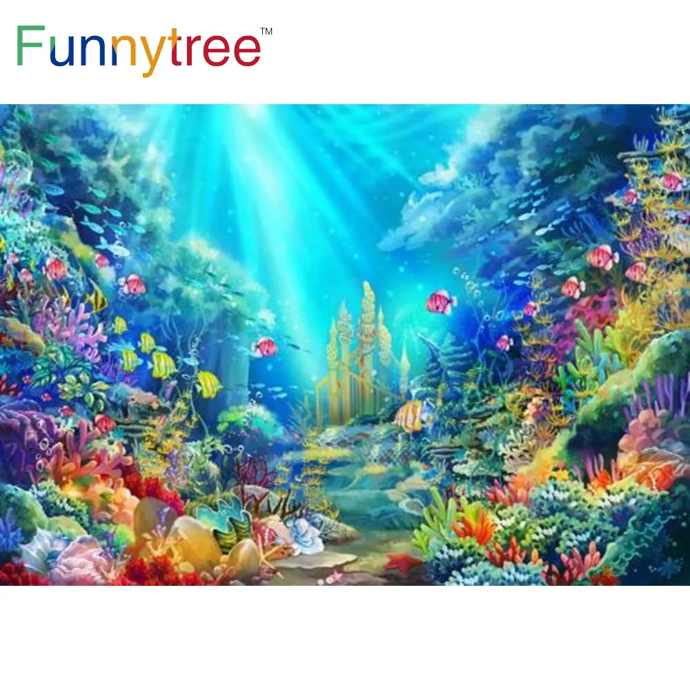 Funnytree Mermaid Theme Birthday Party Background Under the Sea Castle Marine Life Baby Shower Fish Coral Photocall Backdrop