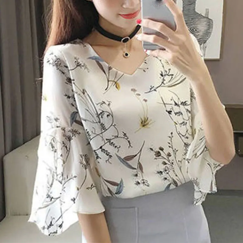 Women\'s Elegant V-neck Short Sleeve Chiffon Shirts, Loose Tops, Simplicity Printing, Casual Clothes, All-match, Summer Fashion