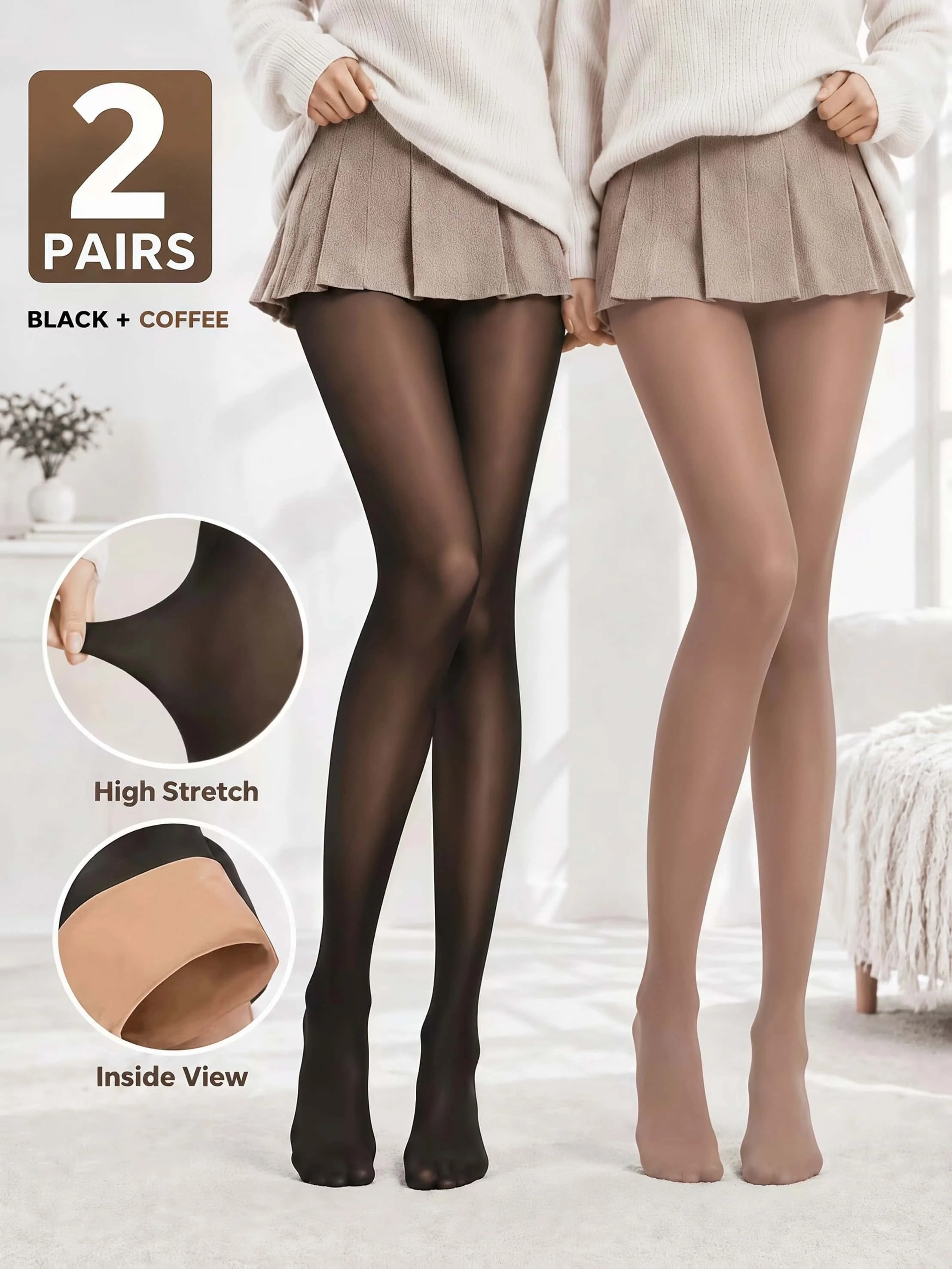 2 Pairs Women's Opaque Footed Tights Set Black Coffee Color Pack High Waist Ultra Stretch Soft Pantyhose Classic Solid Hosiery