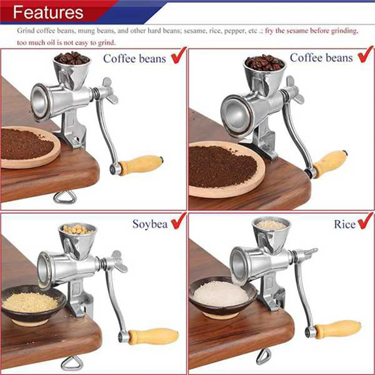 New Manual Grain Grinder Hand Crank Grain Mill Stainless Steel Home Kitchen Grinding Tool for Coffee Corn Rice Soybean