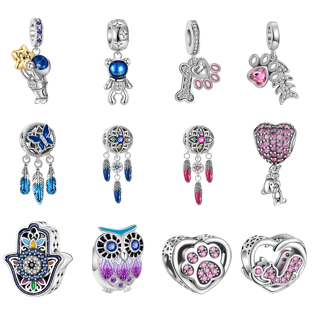 NEW 925 Sterling Silver Astronaut bear paw print Dreamcatcher Beads Fit Original Pandora Charms Bracelets Women DIY Jewelry Gift