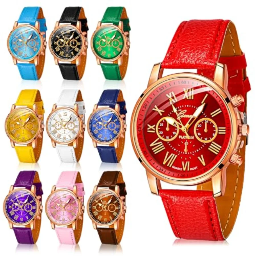 

10 Pcs Assorted Platinum Watch Unisex Quartz Watch Sets for Women Men Ladies Watches Roman Numerals PU Leather Women's Wrist Wa
